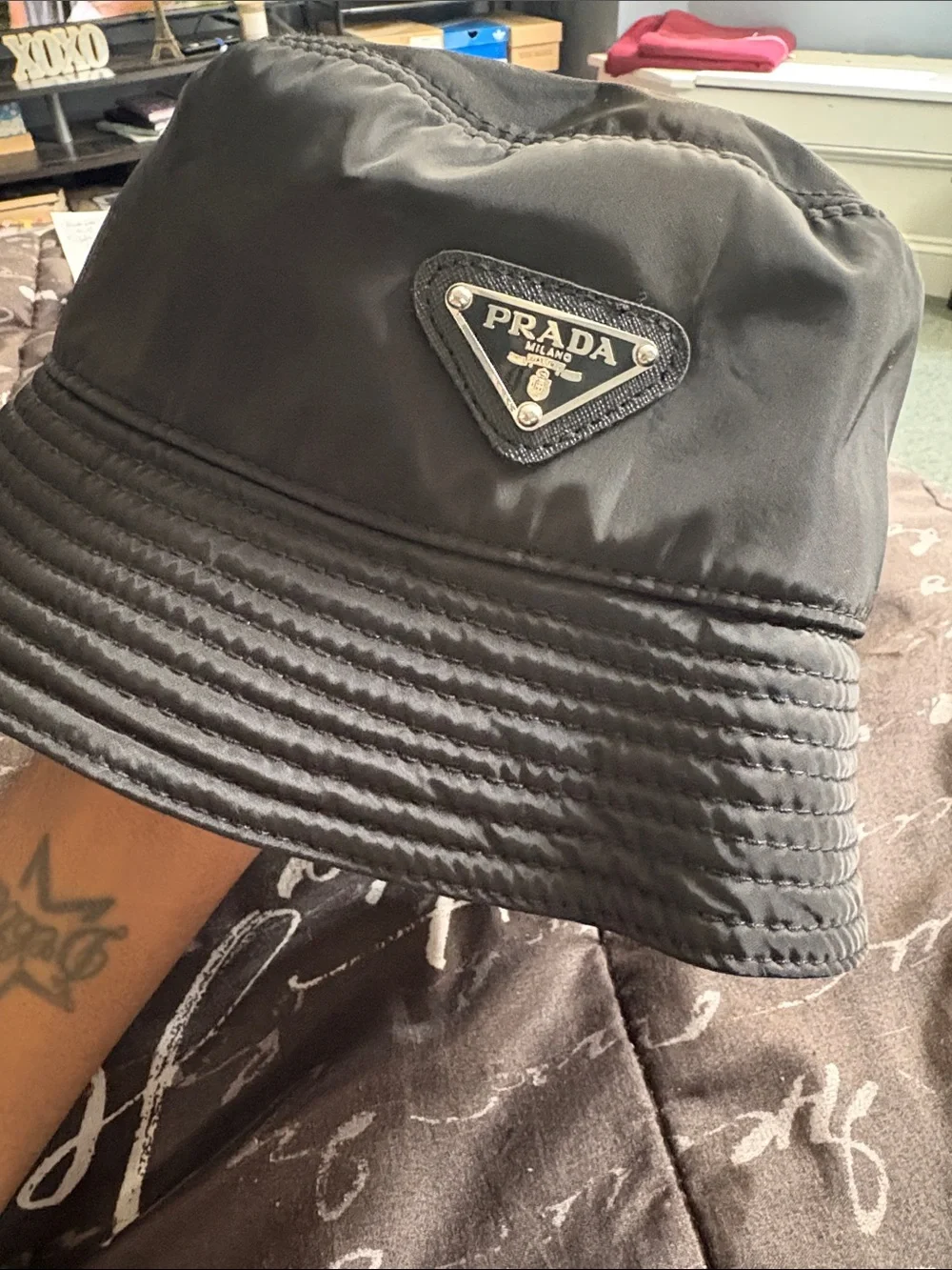 Prada Black Nylon Logo Triangle Bucket Hat